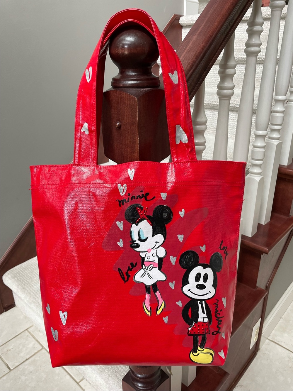 Authentic Disney Parks Mickey Loves Minnie Bright Red Hand Painted Tote Bag